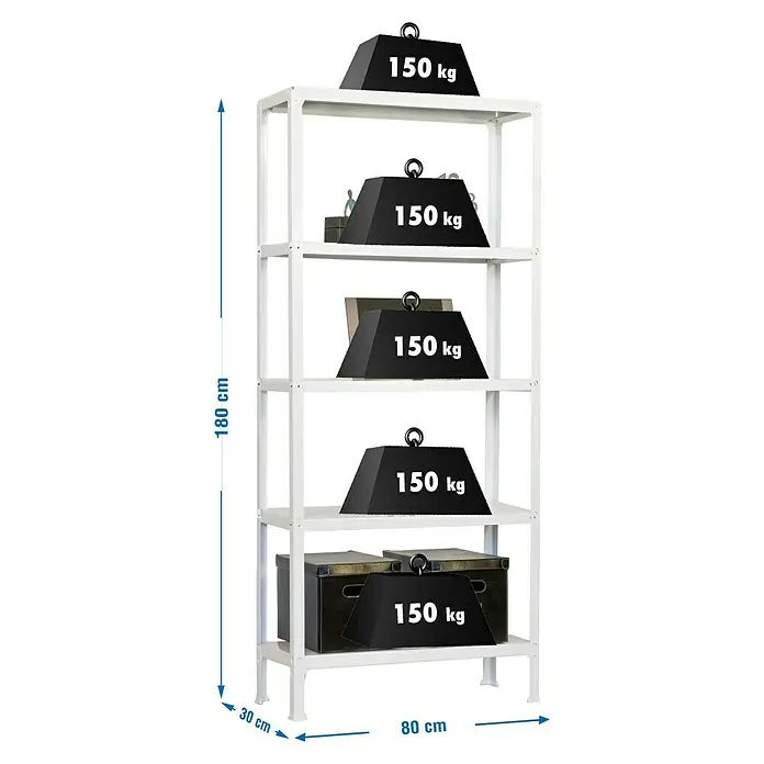 Simonrack Homeclick Estantería metálica Mini - L x An x Al: 30 x 80 x 180 cm, Capacidad de carga: 150 kg/balda, Número de baldas: 5 ud., Blanco - Dibujo técnico
