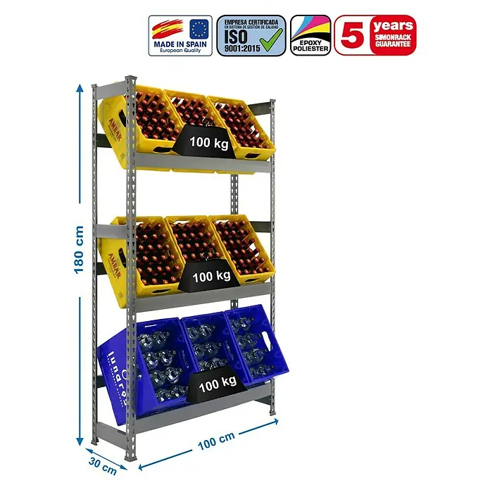 Simonrack Simonbottle Estantería para cajas de bebidas - L x An x Al: 30 x 100 x 180 cm, Capacidad de carga: 100 kg/balda, Número de baldas: 3 ud., Gris - Dibujo técnico