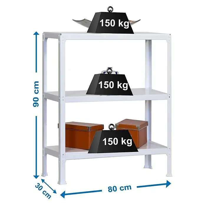 Simonrack Homeclick Estantería metálica Mini - L x An x Al: 30 x 80 x 90 cm, Capacidad de carga: 150 kg/balda, Número de baldas: 3 ud., Blanco - Dibujo técnico