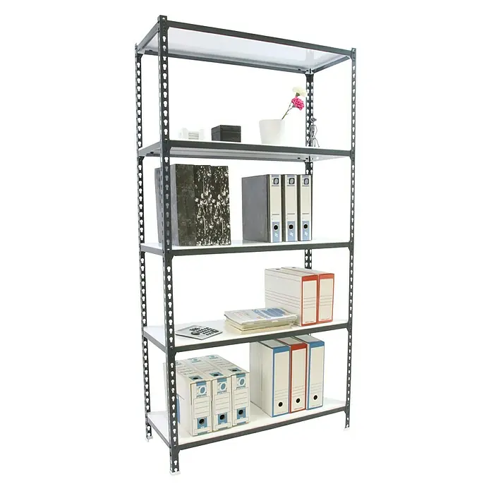 Simonrack Simonclick Metallregal Super Plus - L x B x H: 40 x 110 x 200 cm, Traglast: 180 kg/Boden, Anzahl Böden: 5 Stk., Stecken, Anthrazit/Weiß - Anwendungsbeispiel
