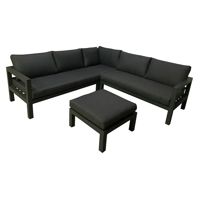 Loungeset Marseille - Gepoedercoat aluminium frame, Olefin kussens, zwart/antraciet - Diagonaal zicht