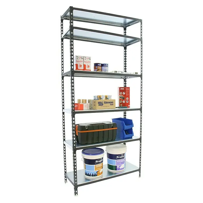 Simonrack Simonclick Metallregal - L x B x H: 30 x 90 x 250 cm, Traglast: 180 kg/Boden, Anzahl Böden: 6 Stk., Stecken, Anthrazit/Weiß - Anwendungsbeispiel