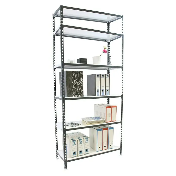 Simonrack Simonclick Metallregal - L x B x H: 30 x 90 x 250 cm, Traglast: 180 kg/Boden, Anzahl Böden: 6 Stk., Stecken, Anthrazit/Weiß - Anwendungsbeispiel