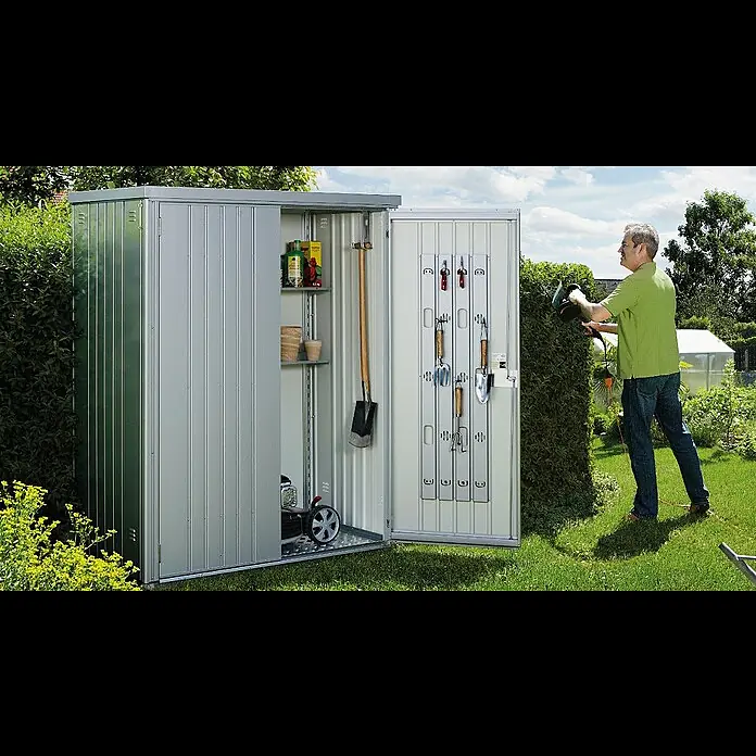 Biohort Geräteschrank 150 - Außenbreite inkl. Dachüberstand: 155 cm, Außentiefe inkl. Dachüberstand: 83 cm, Stahl, Dunkelgrün - Gartenschrank von Biohort