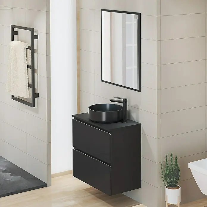 Mueble de lavabo Cíes - L x An x Al: 38,6 x 70 x 64 cm, Negro, Mate - Foto ambiente