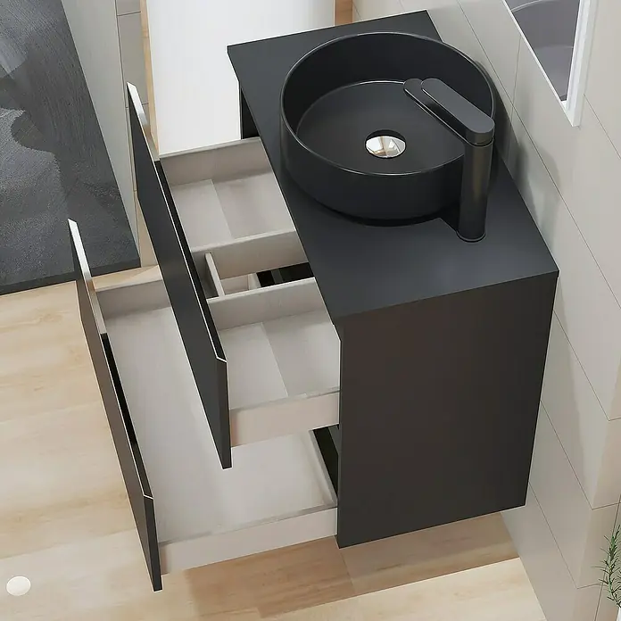 Mueble de lavabo Cíes - L x An x Al: 38,6 x 70 x 64 cm, Negro, Mate - Foto ambiente