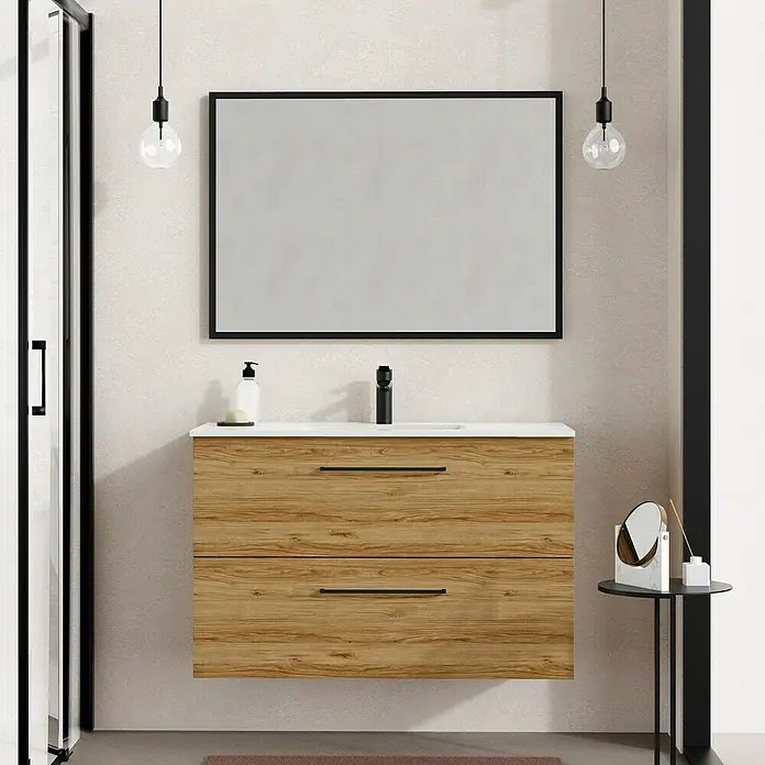 Mueble de lavabo Arosa - L x An x Al: 44,6 x 100 x 64 cm, Roble Guadarrama - Foto ambiente