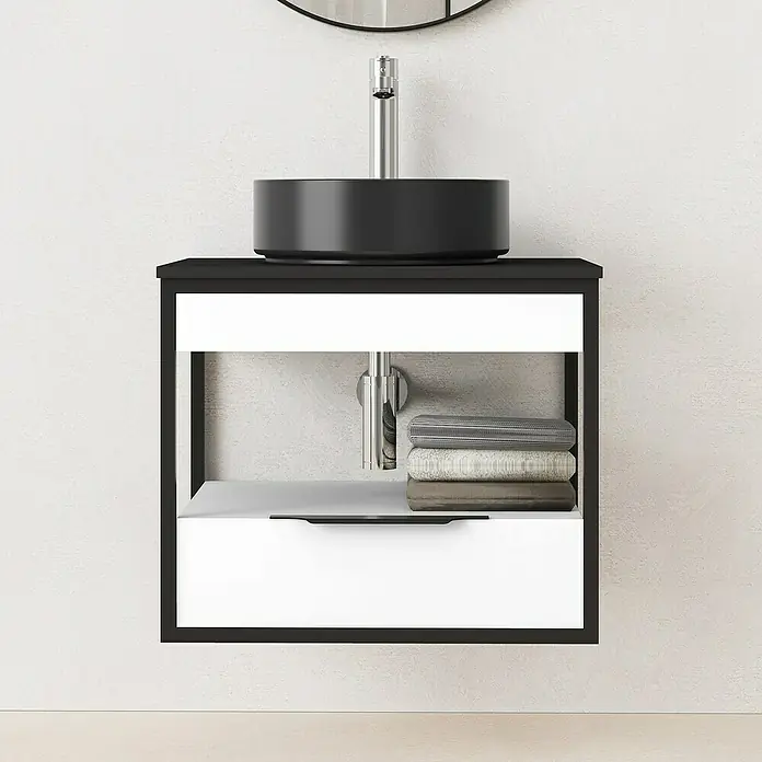 Conjunto de mueble de baño Izaro - 60 cm, 3 piezas, Blanco/Negro, Mate - Foto ambiente