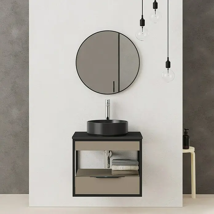 Conjunto de mueble de baño Izaro - 60 cm, 3 piezas, Fango/Negro, Mate - Foto ambiente
