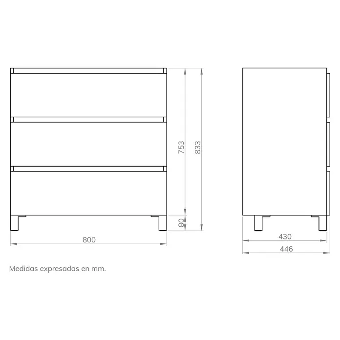 Mueble de lavabo Berna - L x An x Al: 44,6 x 80 x 83,3 cm, Roble Guadarrama - Dibujo técnico