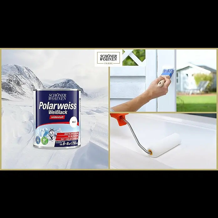 SCHÖNER WOHNEN-Farbe Weißlack Polarweiß Basis 1 - Basismischfarbe, 750 ml, Seidenmatt - Der kraftvolle Universallack für innen und außen | Schöner Wohnen Polarweiss Weißlack