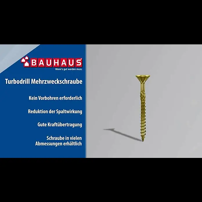 Profi Depot Mehrzweck-Schraube Turbo Drill - Ø x L: 5 x 50 mm, TX für TORX-Antriebe, Senkkopf, 100 Stk. - BAUHAUS TV - Produktvideo: Turbodrill Mehrzweckschraube
