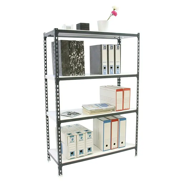 Simonrack Simonclick Metallregal - L x B x H: 30 x 100 x 150 cm, Traglast: 180 kg/Boden, Anzahl Böden: 4 Stk., Stecken, Anthrazit/Weiß - Diagonale Ansicht