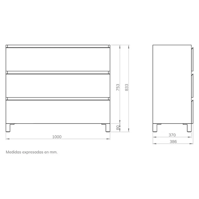 Mueble de lavabo Ons - L x An x Al: 38,6 x 100 x 83,3 cm, Antracita, Mate - Dibujo técnico