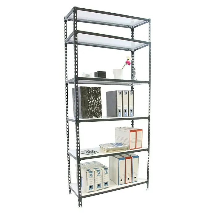 Simonrack Simonclick Metallregal Super Plus - L x B x H: 40 x 110 x 250 cm, Traglast: 180 kg/Boden, Anzahl Böden: 6 Stk., Stecken, Anthrazit/Weiß - Diagonale Ansicht