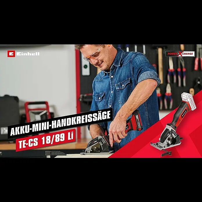 Einhell Power X-Change Akku-Handkreissäge TE-CS 18/89Li-Solo - 18 V, Ohne Akku, Leerlaufdrehzahl: 0 U/min - 2.500 U/min - Akku-Mini-Handkreissäge TE-CS 18/89 Li