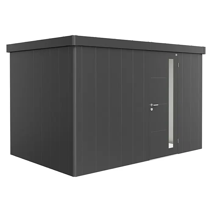 Kerti tároló Neo 2D - Külső szélesség tető túlnyúlással: 348 cm, Külső mélység tető túlnyúlással: 236 cm, Acél, Sötétszürke metál, Egyszárnyú ajtó - Szögletes nézet