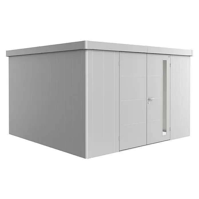 Kerti tároló Neo 4D - Külső szélesség tető túlnyúlással: 348 cm, Külső mélység tető túlnyúlással: 348 cm, Acél, Ezüst metál, Dupla ajtó - Szögletes nézet