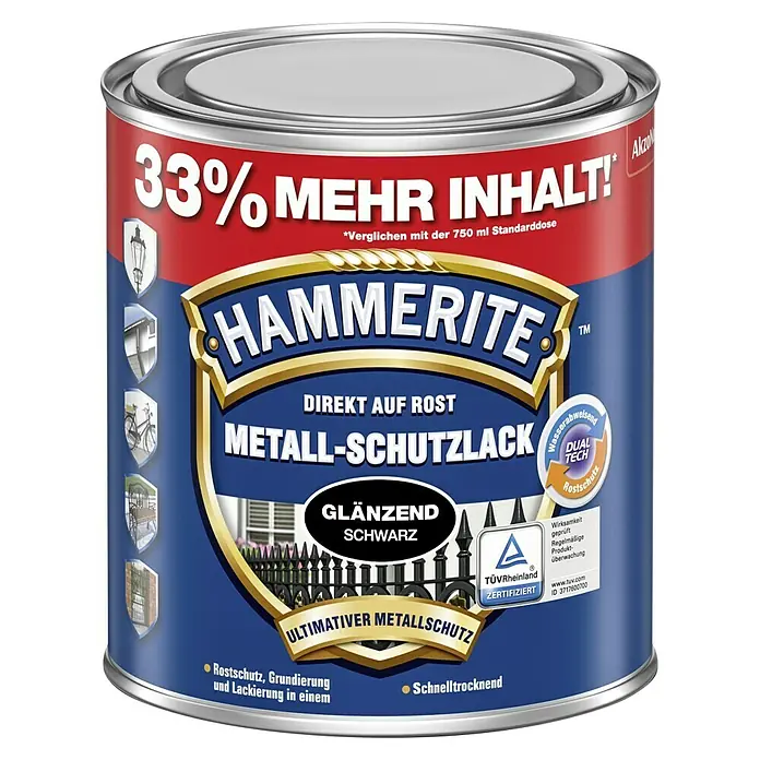 Hammerite Metall-Schutzlack - Schwarz, 1 l, Glänzend - Vorderansicht