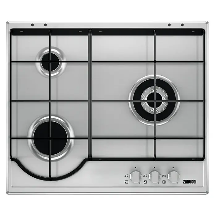 Zanussi Placa de cocción de cristal gas ZGG65334XA - Zonas de cocción: 3 ud., Gas, Cierre de seguridad, Acero inoxidable - Vista descendente