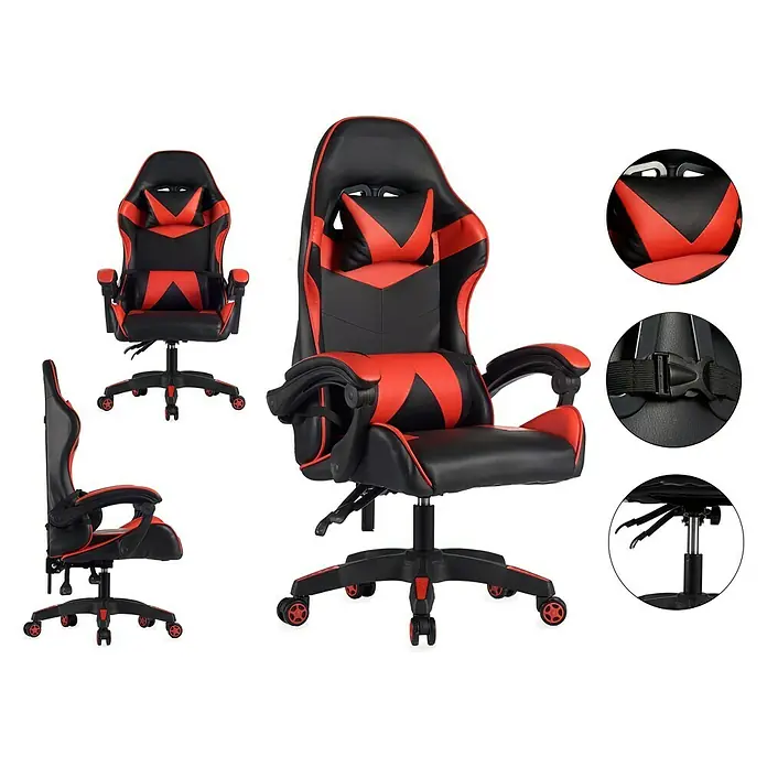 Silla de oficina Gaming Cross - Negro/Rojo, Cojín cervical y lumbar - Vista angular