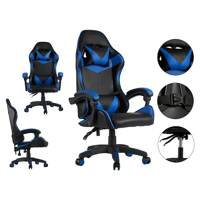 Silla de oficina Gaming Cross - Negro/Azul, Cojín cervical y lumbar - Vista angular