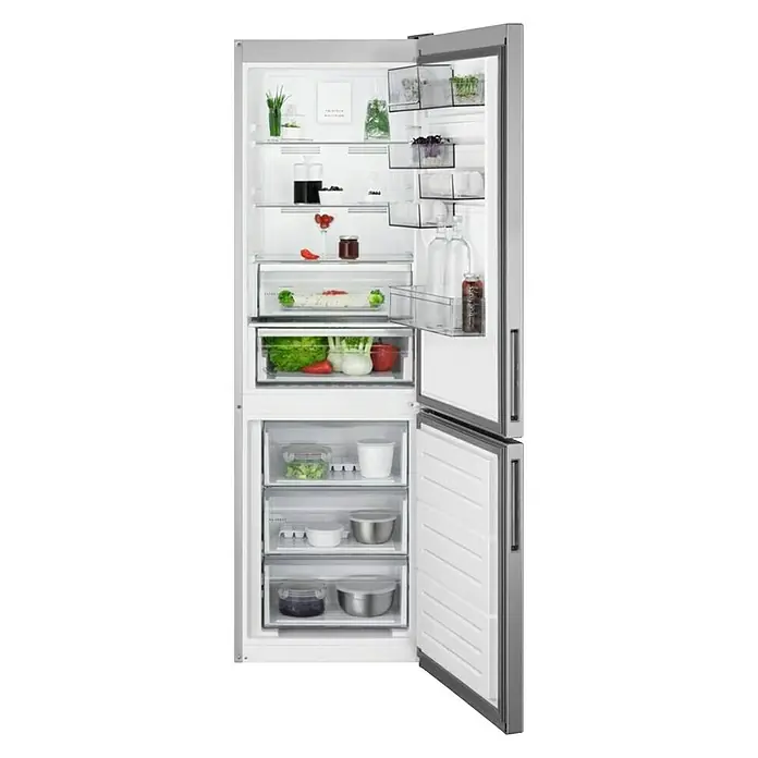 AEG Nevera combi RCB632E4MX - Contenido útil total: 330 l, 65 x 59,5 x 186 cm, Acero inoxidable - Vista frontal