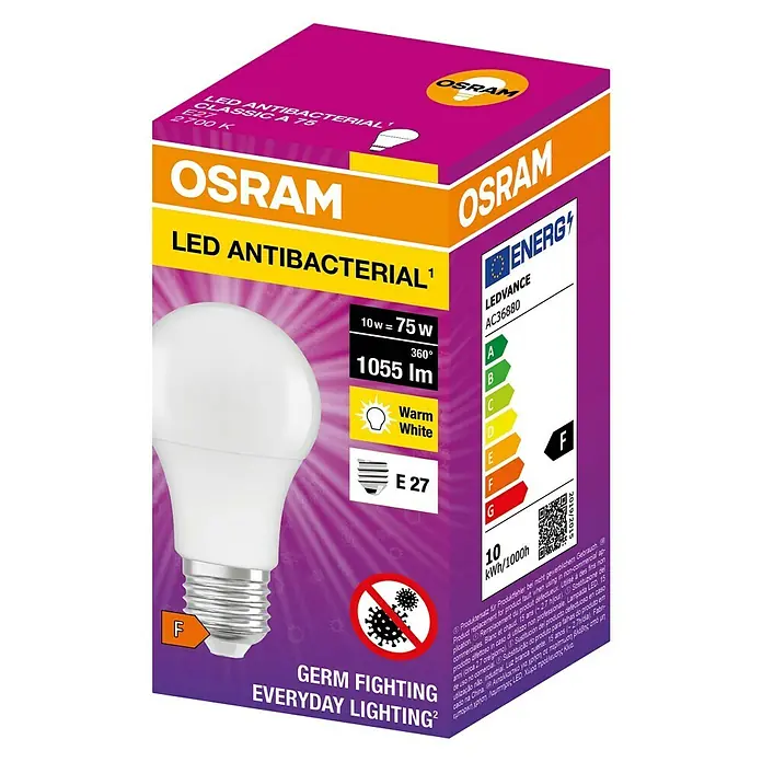 Osram LED antibakterijska žarulja - E27, Topla bijela - Dijagonalni pogled