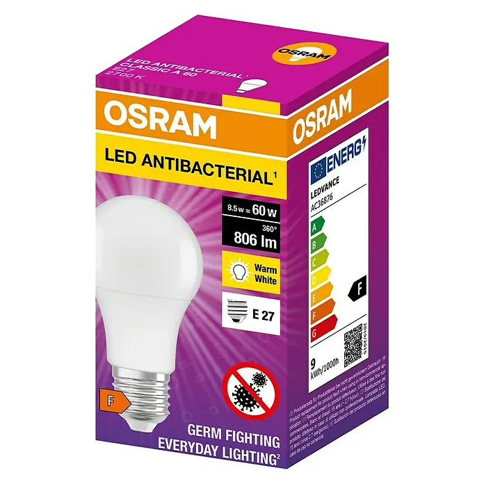 Osram LED antibakterijska žarulja - E27, Topla bijela - Dijagonalni pogled