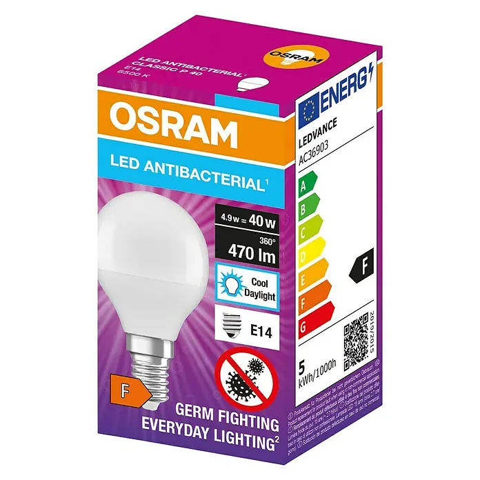 Osram LED antibakterijska žarulja - E14, Hladna bijela - Dijagonalni pogled