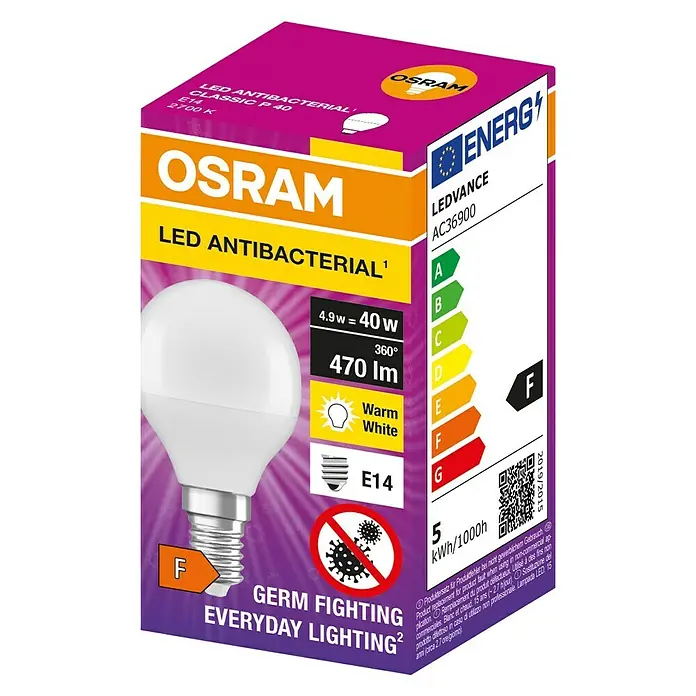 Osram LED antibakterijska žarulja - E14, Topla bijela - Dijagonalni pogled