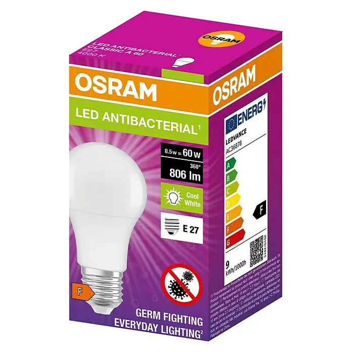 Osram LED antibakterijska žarulja - E27, Hladna bijela - Dijagonalni pogled