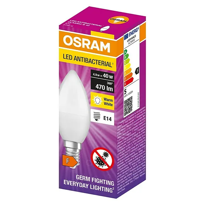 Osram LED antibakterijska žarulja - E14, Topla bijela - Dijagonalni pogled