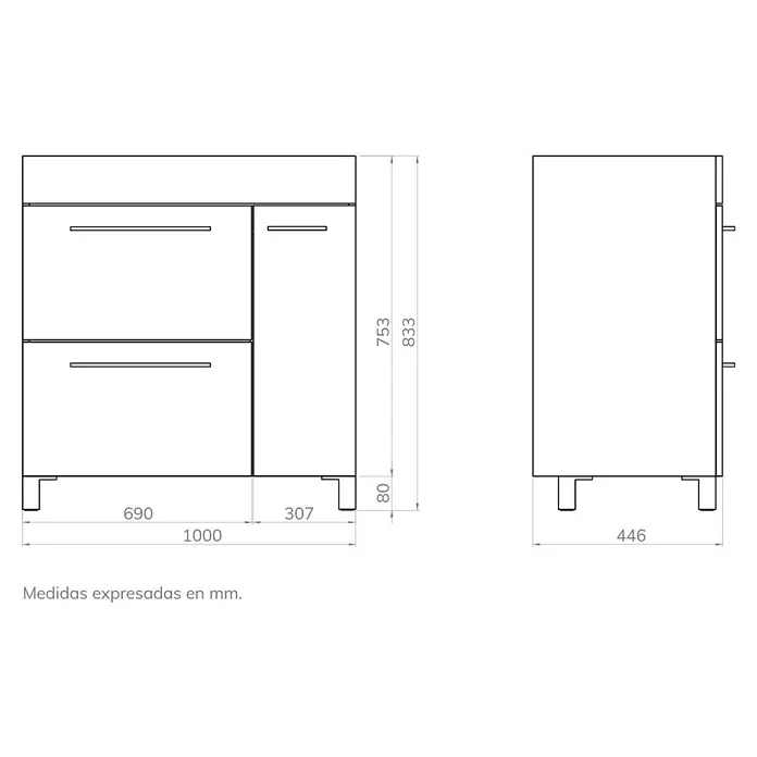 Mueble de lavabo Tabarca - L x An x Al: 44,6 x 100 x 83,3 cm, Antracita, Mate - Dibujo técnico