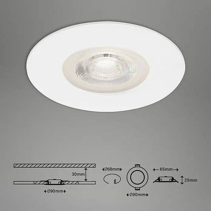 Briloner Set de focos LED empotrables redondos Kulana - 15 W, x 3, Ø x Al: 9 x 2,5 cm, Blanco, Blanco cálido - Dibujo técnico