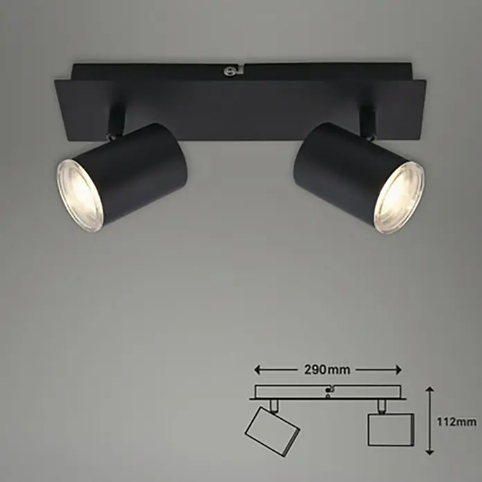 Briloner Regleta Banyo - 10 W, x 2, L x An x Al: 9,9 x 29 x 11,2 cm, GU10, Negro - Dibujo técnico