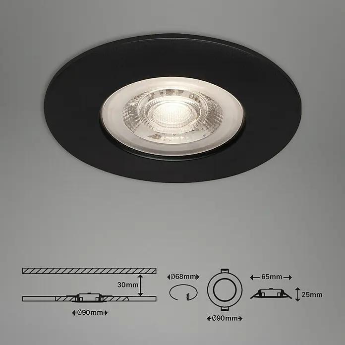 Briloner Set de focos LED empotrables redondos Kulana regulable - 20 W, 4 ud., Ø x Al: 9 x 2,5 cm, Blanco cálido, Negro - Dibujo técnico