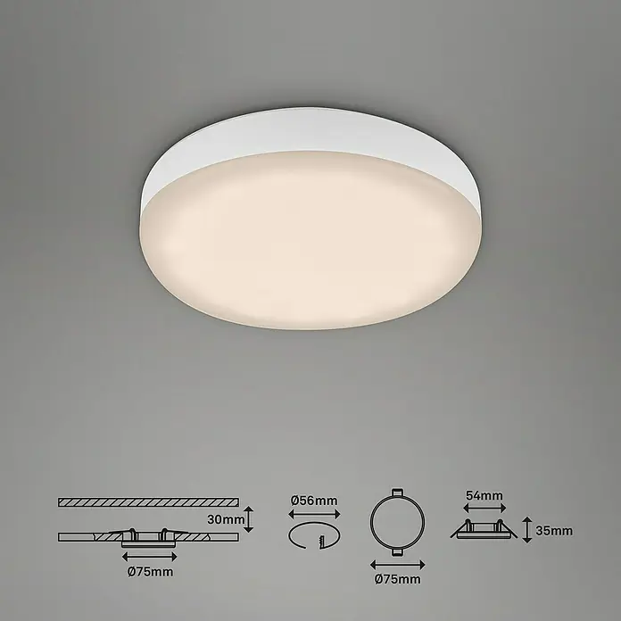 Briloner Foco empotrable Plat - 3 W, 1 luz, Ø x Al: 7,5 cm x 3,5 mm, Blanco cálido - Dibujo técnico