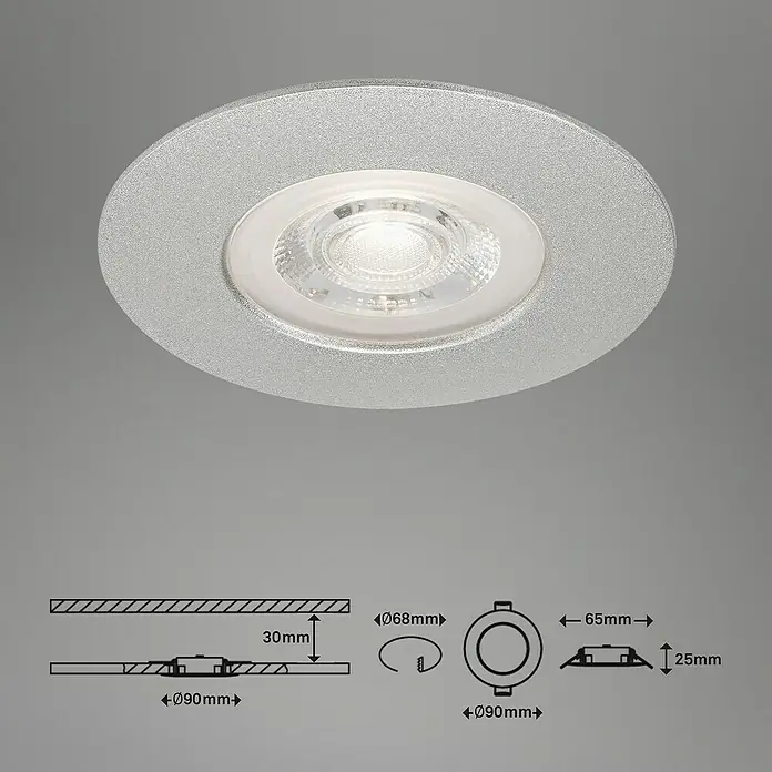 Briloner Foco LED empotrable Kulana - 5 W, Ø x Al: 9 x 2,5 cm, Cromo, Blanco cálido - Dibujo técnico