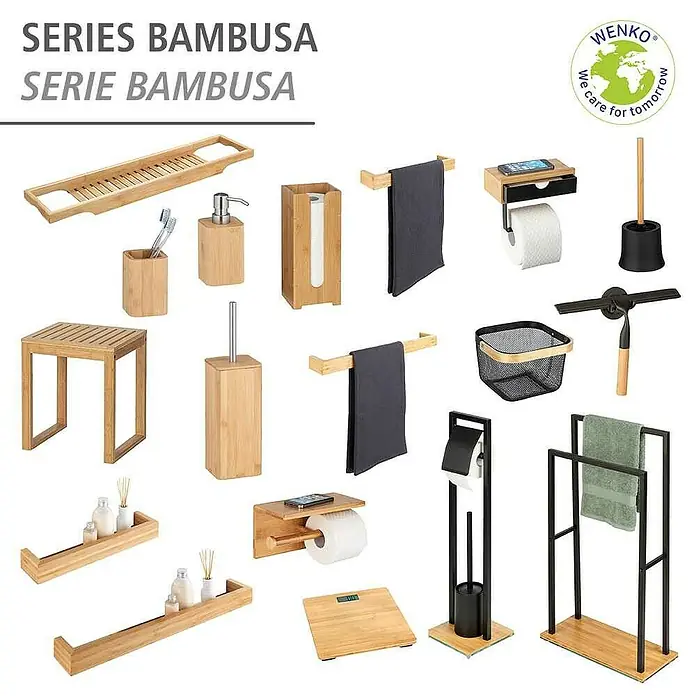 Wenko Bambusa Badhocker - B x H: 40 x 30 cm, Bambus - Diagonale Ansicht