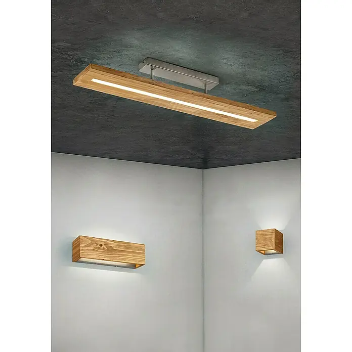 Trio Lighting Brad Plafón LED para pared y techo Brad - 13 W, L x An x Al: 11 x 37 x 11 cm, Madera, Blanco cálido - Foto ambiente