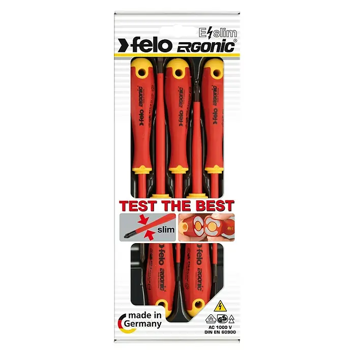 Felo Schraubendreher-Satz ERGONIC® VDE E-Slim - 5 -tlg., Geeignet für: Schlitz und Kreuzschlitz PH - Vorderansicht