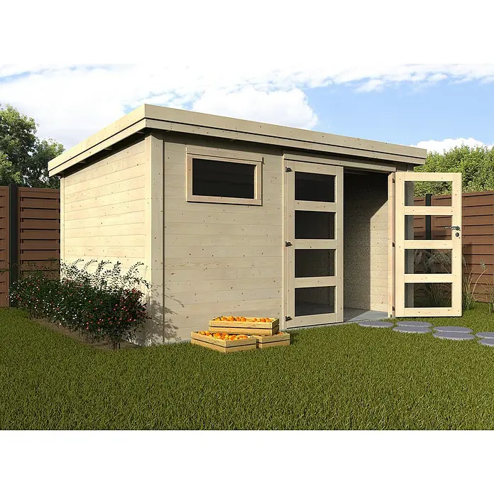 Décor et Jardin Caseta de madera Paolo - L x An: 390 x 305 cm, Abeto nórdico, Espesor de pared: 28 mm, Blanco - Foto ambiente