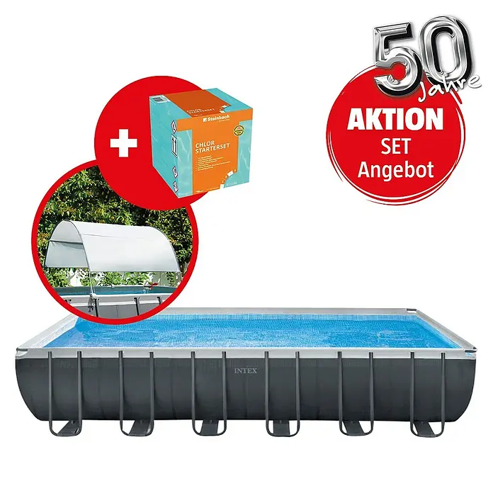 Intex Frame-Pool-Set Ultra Quadra XTR - L x B x H: 732 x 366 x 132 cm, 33,2 m³, Dunkelgrau, Inkl. Salzwassersystem/Chlor-Starter-Set/Poolüberdachung - Kampagnenbild