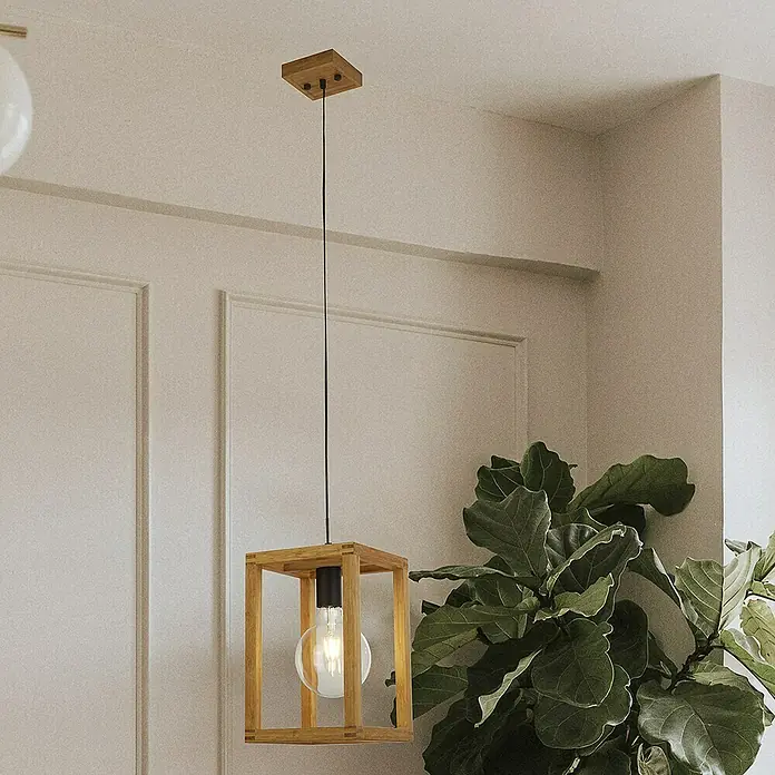 Searchlight Hanglamp Square - 20 x 20 x 120 cm, Houtkleurig, E27 - Sfeeropname