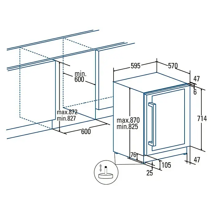 Cata Vinoteca de instalación integrada VI 59082 X - 46 botellas, L x An x Al: 57 x 59,5 x 82,5 cm, Inox/Negro - Dibujo técnico