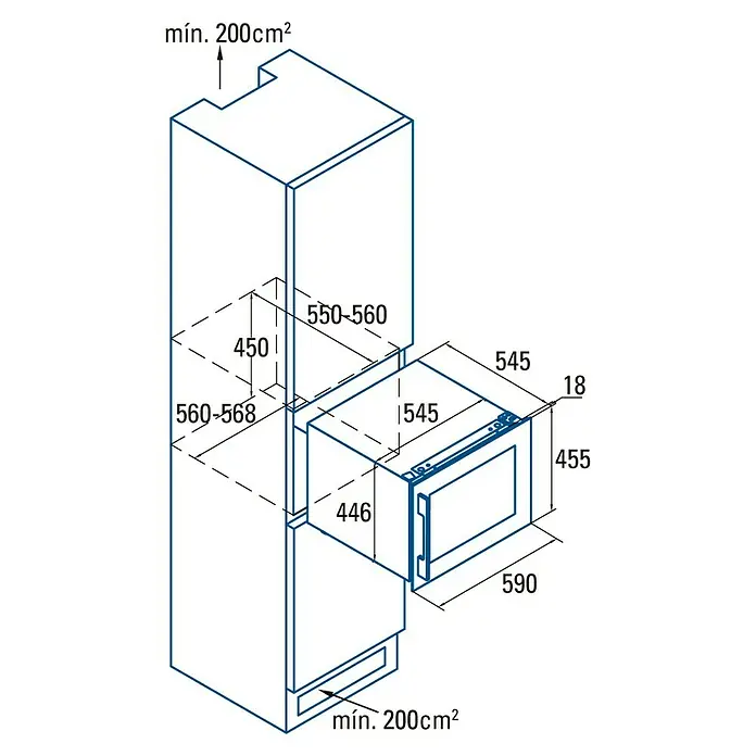 Cata Vinoteca de instalación integrada VI 54024 X - 28 botellas, L x An x Al: 56,3 x 59 x 45,5 cm, Inox/Negro - Dibujo técnico