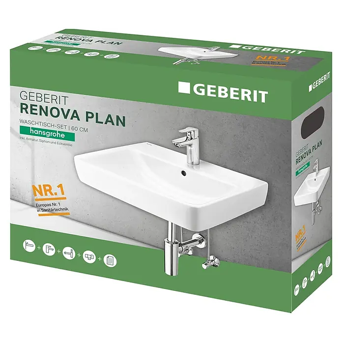 Geberit Renova Plan Waschtisch-Set - 60 x 48 cm, Ohne Spezialglasur, Hahnloch: Mitte, Mit Überlauf, Weiß - Diagonale Ansicht