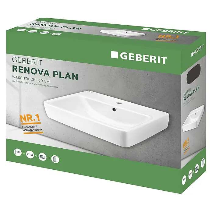 Geberit Renova Plan Waschtisch - 60 x 48 cm, Ohne Spezialglasur, Hahnloch: Mitte, Mit Überlauf, Weiß - Diagonale Ansicht