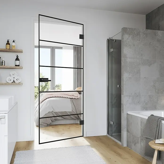Diamond Doors Black Edition Glasdrehtür Lines - 834 x 1.972 mm, DIN Rechts, Klarglas - Stimmungsaufnahme